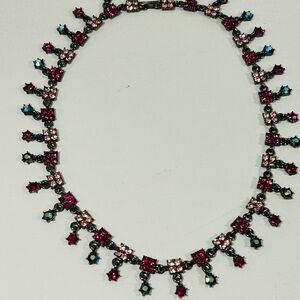 Gunmetal Rhinestone Statement Necklace Pink Fuchsia Fringe Vintage Style